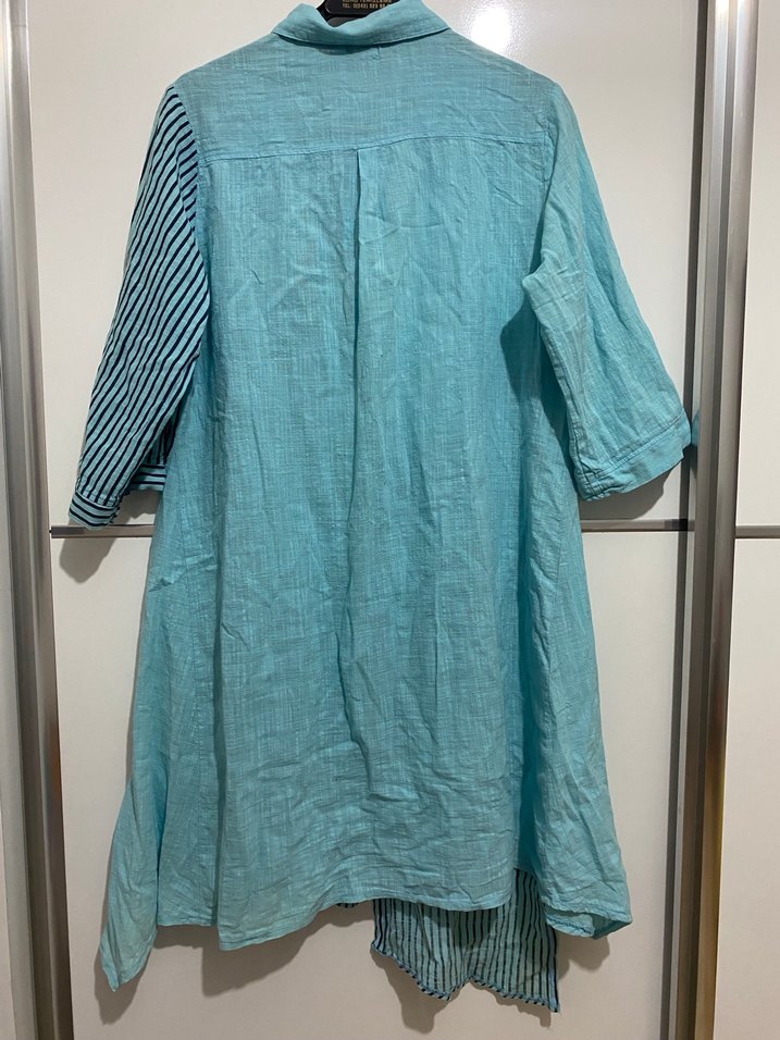 Mavi Çizgili Uzun Keten Kadın Gömlek - Görsel 2