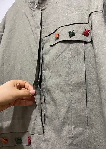 Nakışlı, Düğmeli, Uzun Kesim Keten Kadın Gömlek - Görsel 3