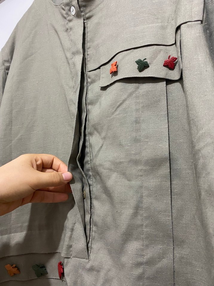 Nakışlı, Düğmeli, Uzun Kesim Keten Kadın Gömlek - Görsel 3