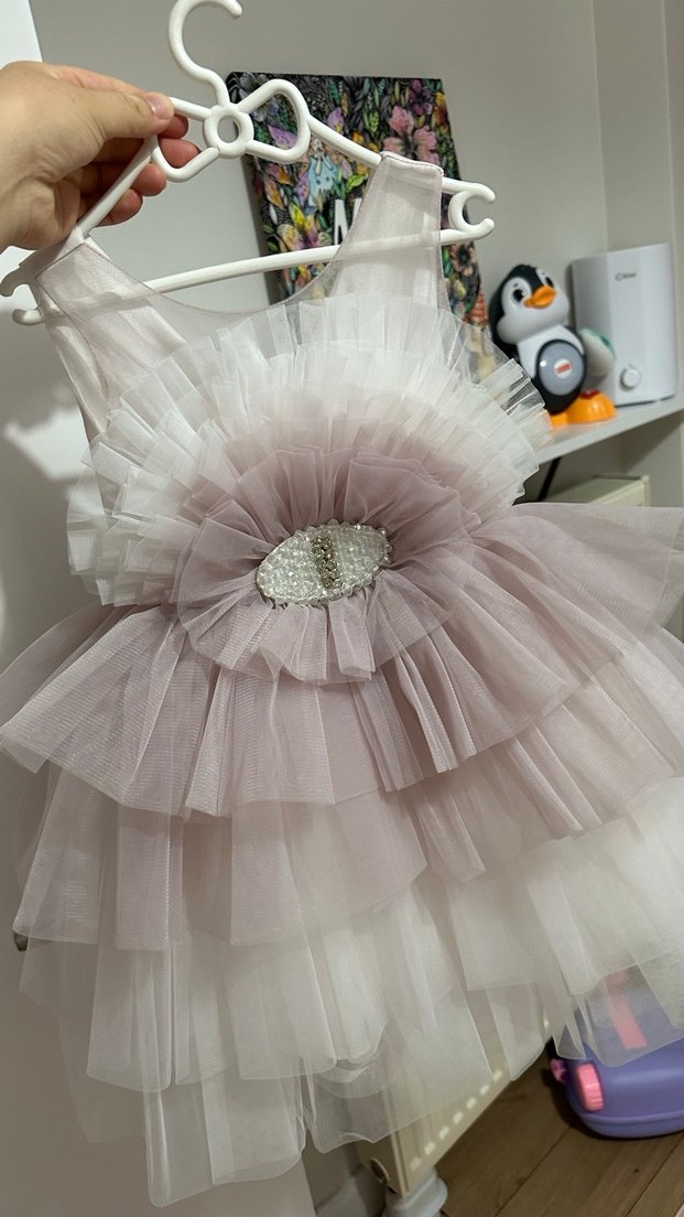 Bej Gri Tül Fırfırlı Kız Çocuk Elbise - Görsel 2