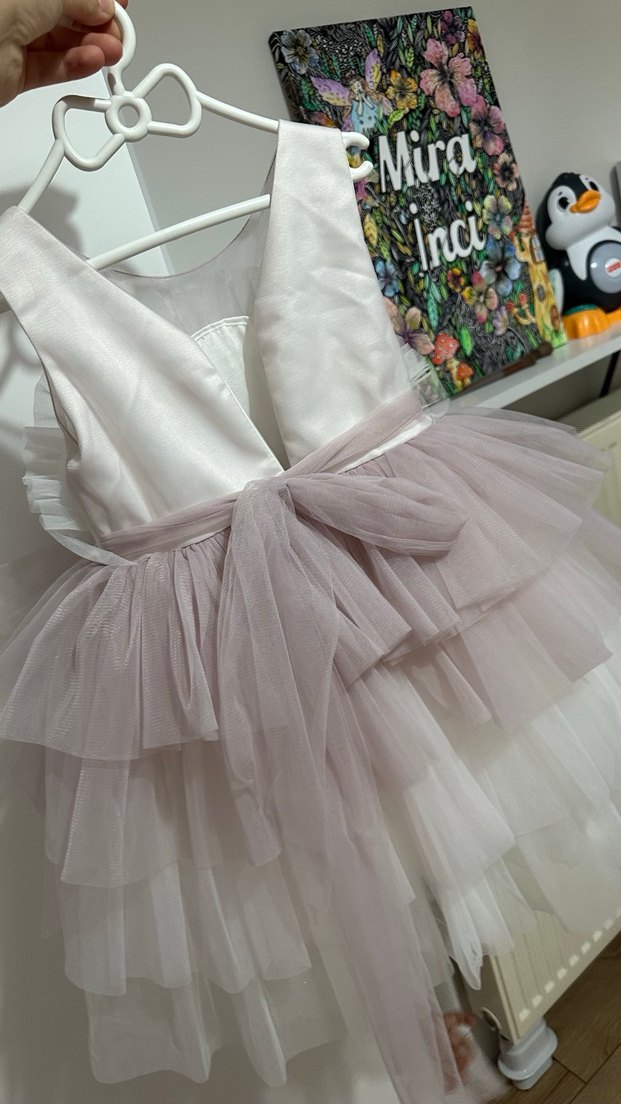 Bej Gri Tül Fırfırlı Kız Çocuk Elbise - Görsel 3