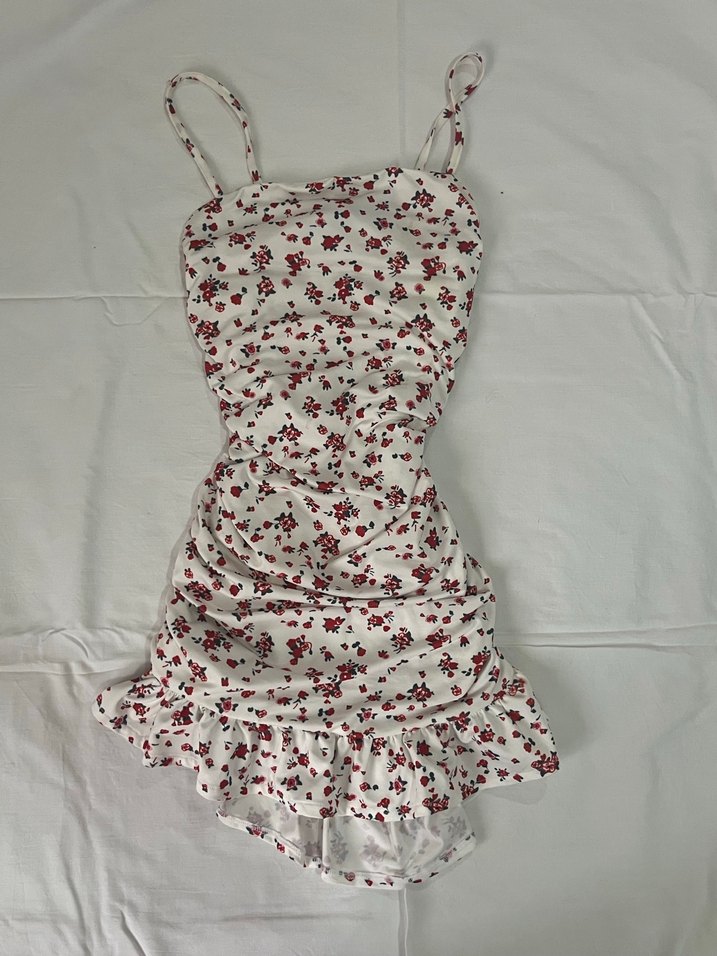 Çiçek Desenli Drapeli Mini Elbise - Görsel 2