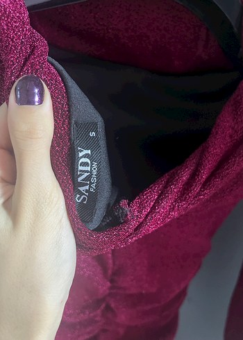 Simli bordo elbise - Görsel 3