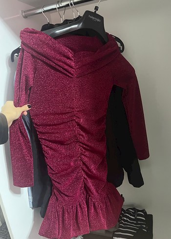 Simli bordo elbise - Görsel 2