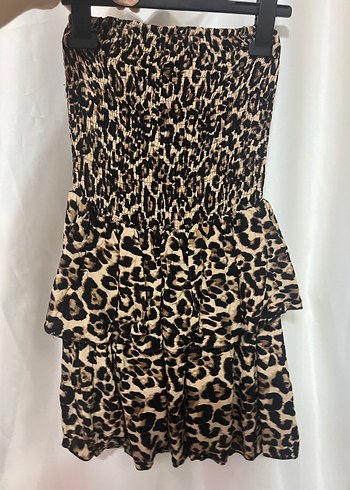 Leopar Desenli Straplez Mini Elbise - Görsel 2