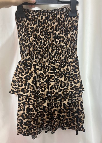 Leopar Desenli Straplez Mini Elbise - Görsel 3