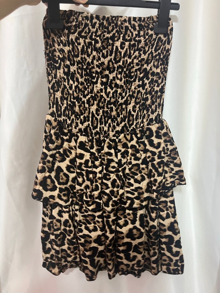 Leopar Desenli Straplez Mini Elbise - Görsel 2