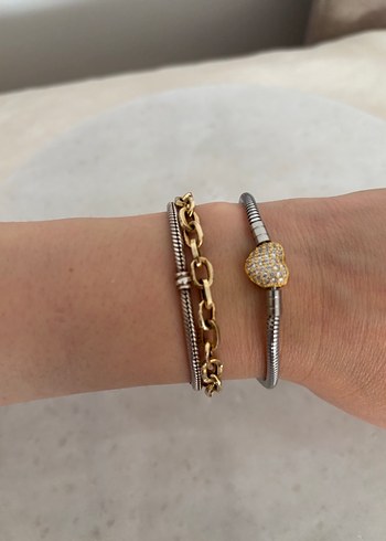 Kalp Detaylı Taşlı Çelik Bileklik  Gümüş & Gold Renk - Görsel 3