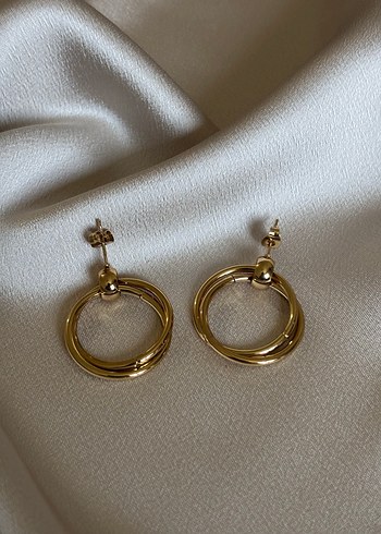 Gold Renk Çift Halka Tasarımlı Çelik Küpe - Görsel 2