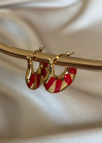 Gold Renk Kırmızı Detaylı Mini Halka Çelik Küpe - Görsel 2