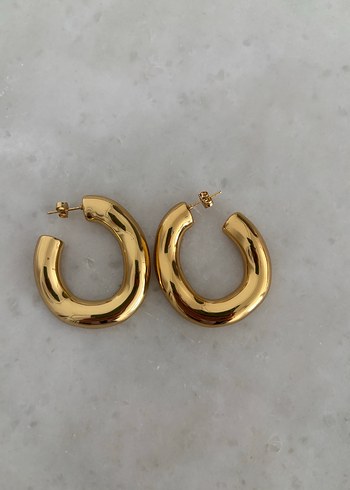 Gold Renk Kalın Halka Çelik Küpe - Görsel 2