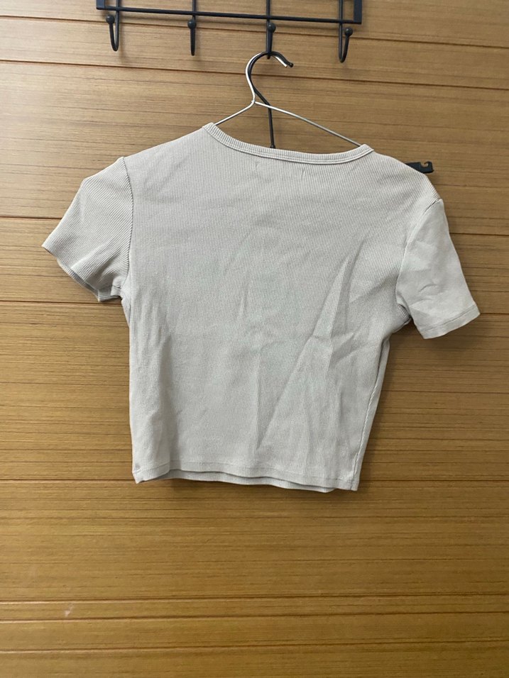 Bej Keten Kısa Kollu Basic Tişört - Görsel 3