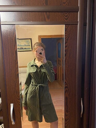 Zara Mango İpekyol Kadın Haki Kadife Elbise