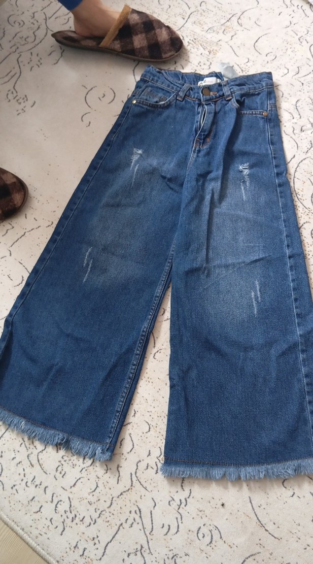 Parçalı Midi Bol Kesim Kız Kot Pantolon - Görsel 3