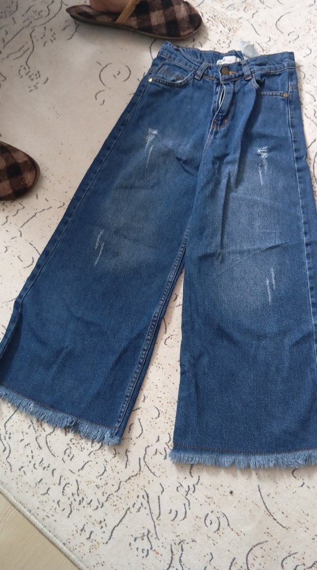 Parçalı Midi Bol Kesim Kız Kot Pantolon - Görsel 2