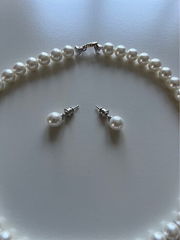 Sterling silver İnci kolye ve küpe , gümüş tir, parçalari