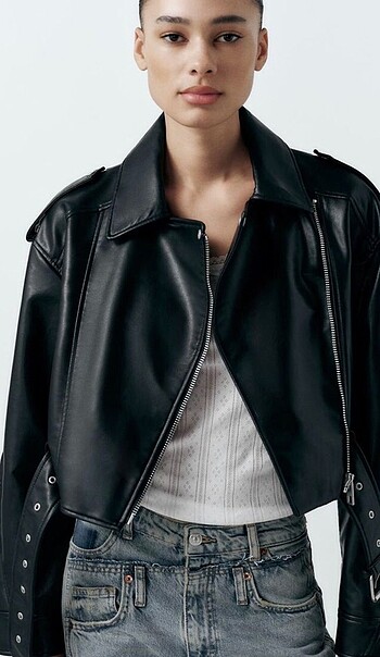 SUNİ DERİ CROP BİKER CEKET