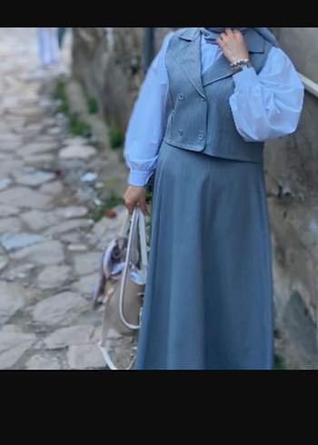 Gri Midi Kadın Takım Elbise, Balon Kollu - Görsel 4