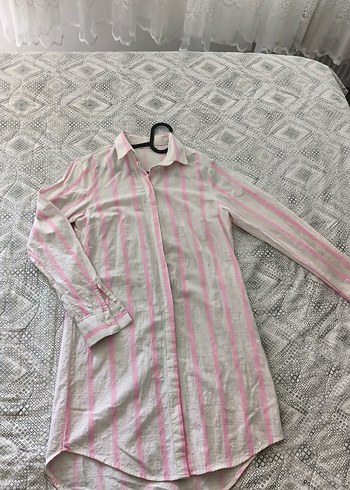 Pembe Çizgili Uzun Kollu Keten Gömlek