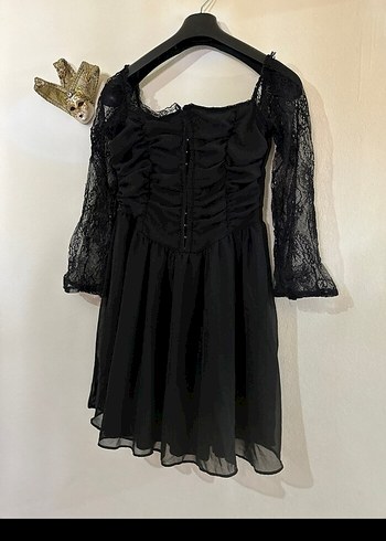 Dantel Kollu Siyah Gotik Mini Elbise - Görsel 2