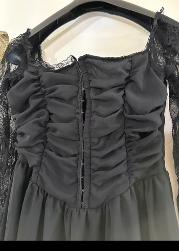 Dantel Kollu Siyah Gotik Mini Elbise - Görsel 3