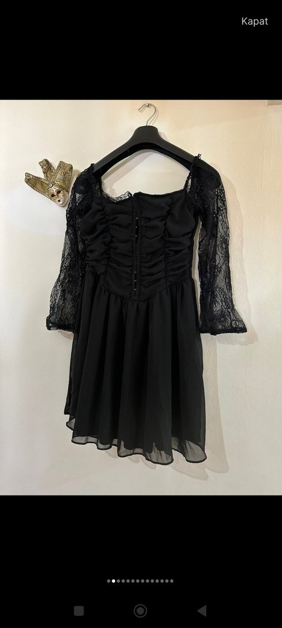 Dantel Kollu Siyah Gotik Mini Elbise - Görsel 2