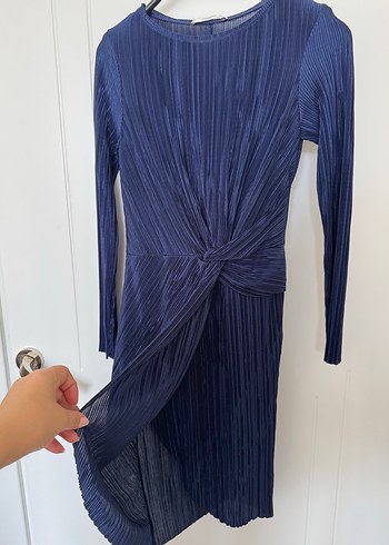 Lacivert Pilili Uzun Kollu Kadın Elbise - Görsel 3