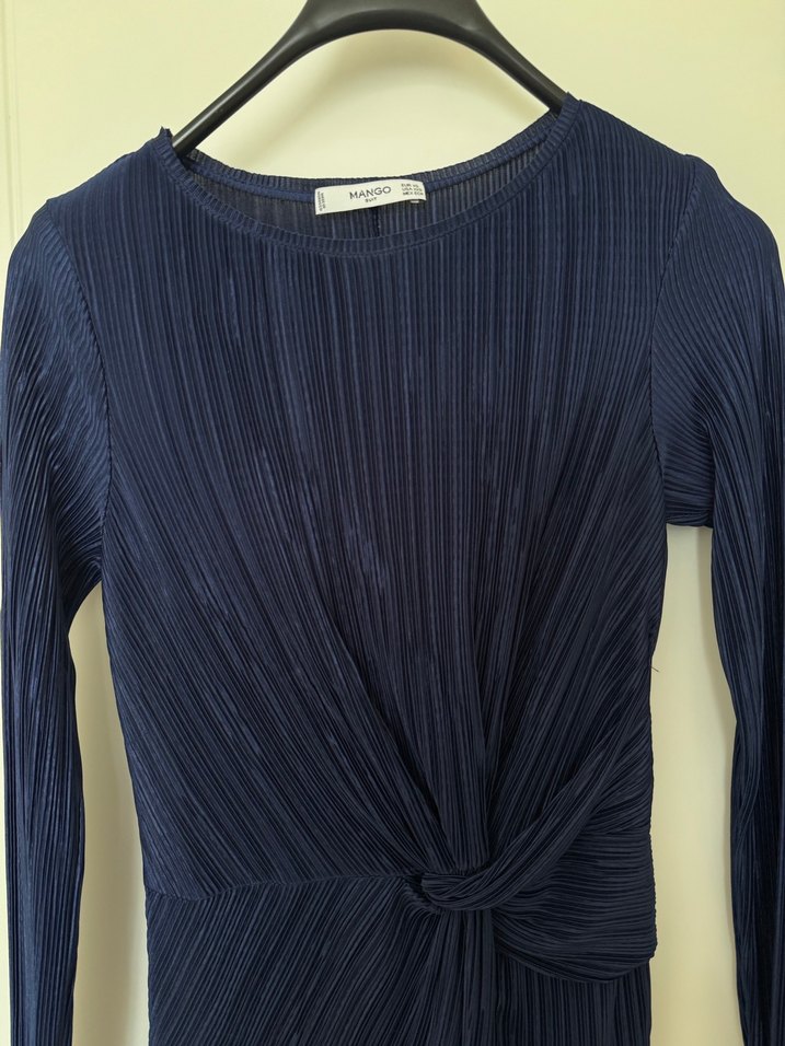 Lacivert Pilili Uzun Kollu Kadın Elbise - Görsel 2