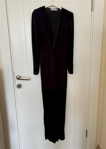 Siyah Kruvaze Yakalı Uzun Kollu Uzun Elbise - Görsel 2