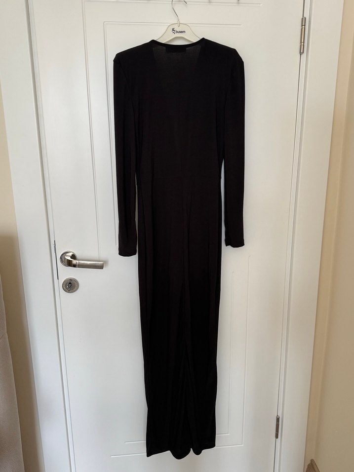 Siyah Kruvaze Yakalı Uzun Kollu Uzun Elbise - Görsel 5