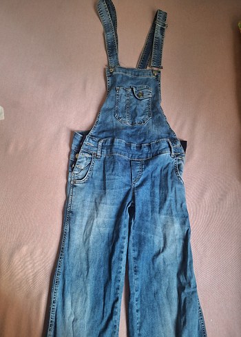 27 Beden Kadın Mavi Denim Salaş Kemerli Midi Jean kot tulum