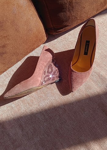 Kemal Tanca pudra rengi  Süet Dolgu Topuklu taş desenli - Görsel 3