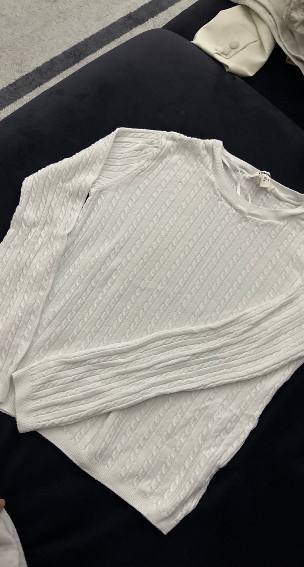 Beyaz Örgü Pamuklu Uzun Kollu Kazak - Görsel 4