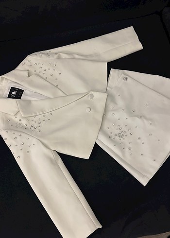 Beyaz Mini Payetli Kız çocuk Blazer Takım - Görsel 5