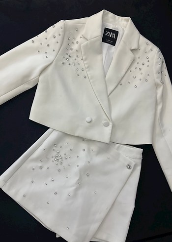 Beyaz Mini Payetli Kız çocuk Blazer Takım - Görsel 2