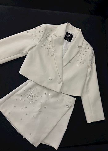 Beyaz Mini Payetli Kız çocuk Blazer Takım - Görsel 4