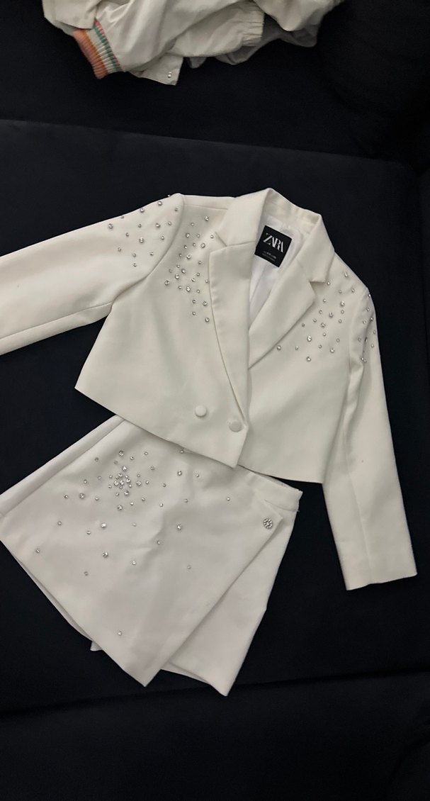 Beyaz Mini Payetli Kız çocuk Blazer Takım - Görsel 4