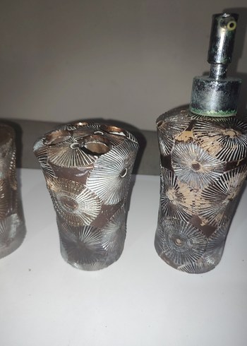 Kahverengi Gri Desenli Banyo Seti sabunluk - Görsel 3