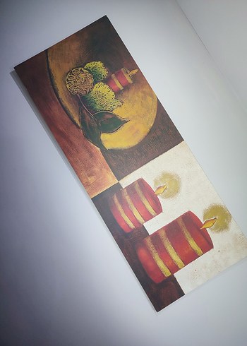 Kırmızı Şeritli Mumlar ve Doğal Objeler Tablosu - Görsel 5