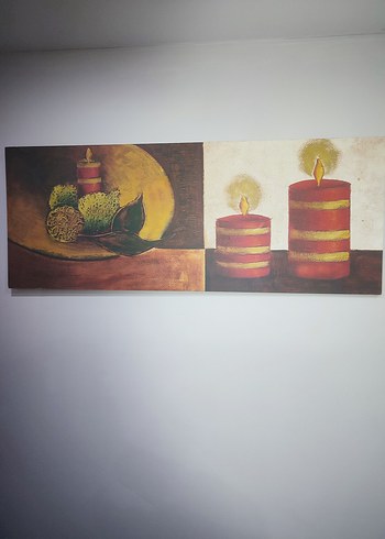 Kırmızı Şeritli Mumlar ve Doğal Objeler Tablosu - Görsel 6