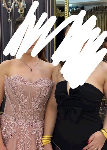 Pudra Pembe Nakışlı Straplez uzun nişanlık