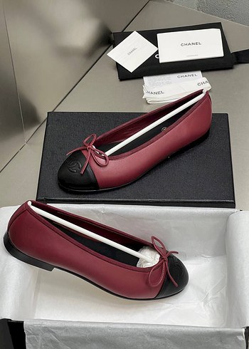 Chanel Bordo Siyah Topuklu Kadın Babet