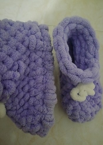 Mor Nakışlı Örgü Kız Ev Terliği - Görsel 5