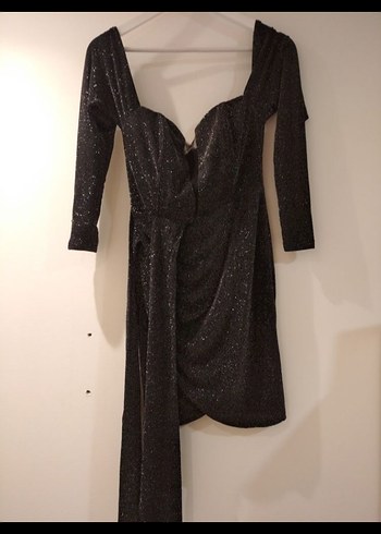 Siyah V Yakalı Drapeli Mini Elbise - Görsel 2