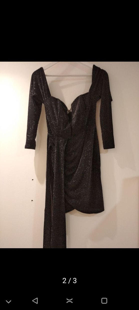 Siyah V Yakalı Drapeli Mini Elbise - Görsel 2