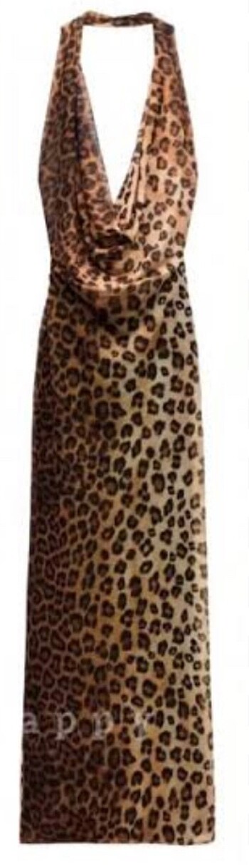 l Beden Leopar Desenli Halter Yaka Tül Elbise