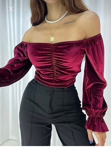 s Beden bordo Renk Bordo Madonna Yaka Kadife Bluz
