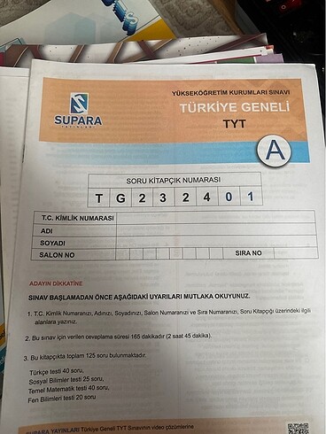 Tyt Türkiye geneli supara yayınları deneme kitapçığı testi