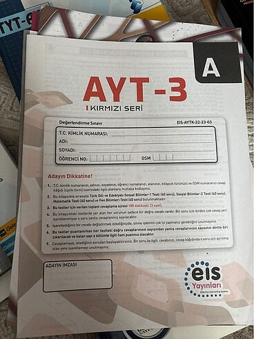 Ayt eis yayınları kırmızı seri deneme kitapçığı testi