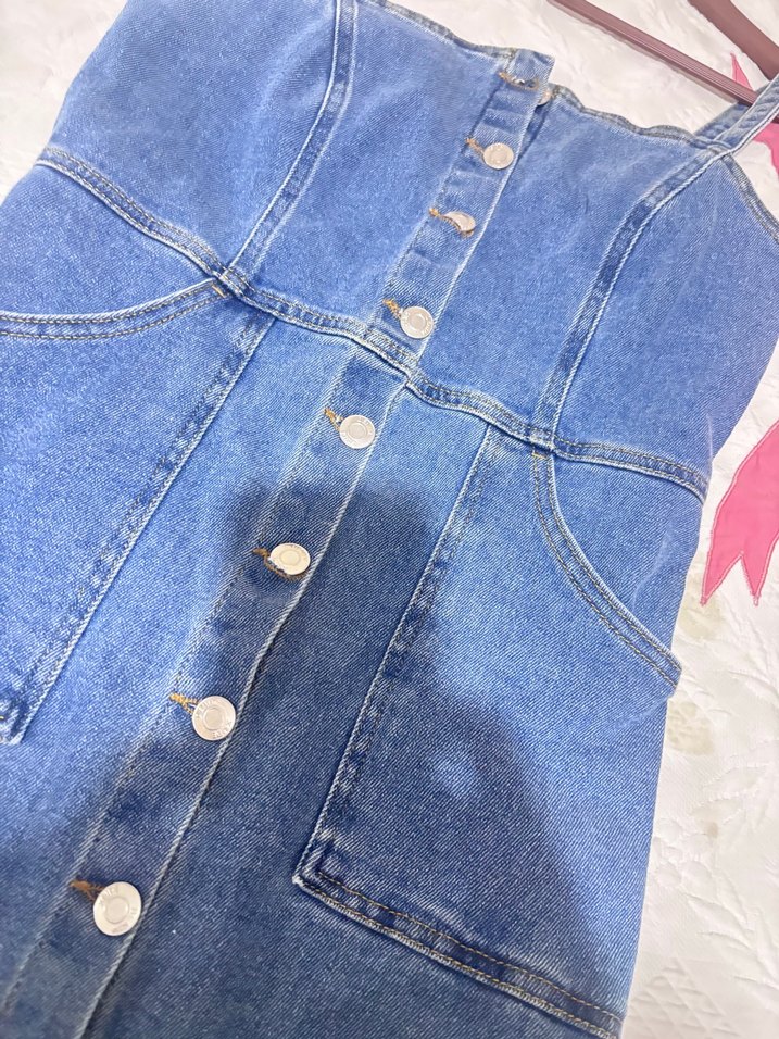 Düğmeli Mavi Denim Midi Elbise - Görsel 2